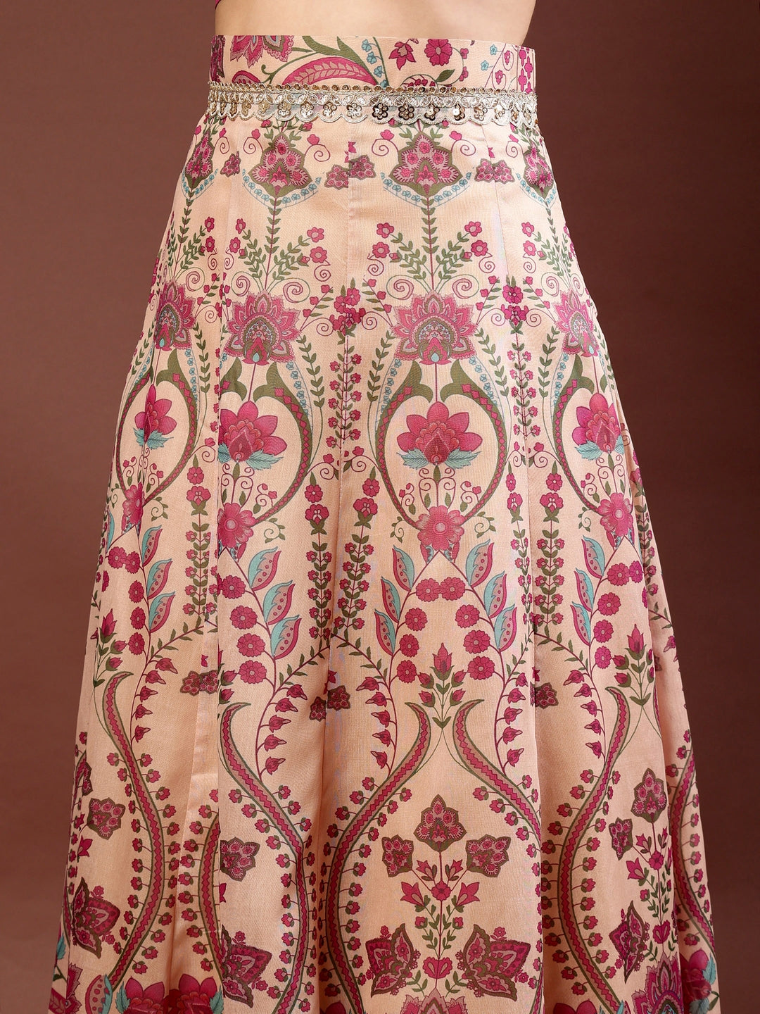 Frolic Rolic Beige Embellished Floral Print Silk Blend Ethnic Maxi Skirt