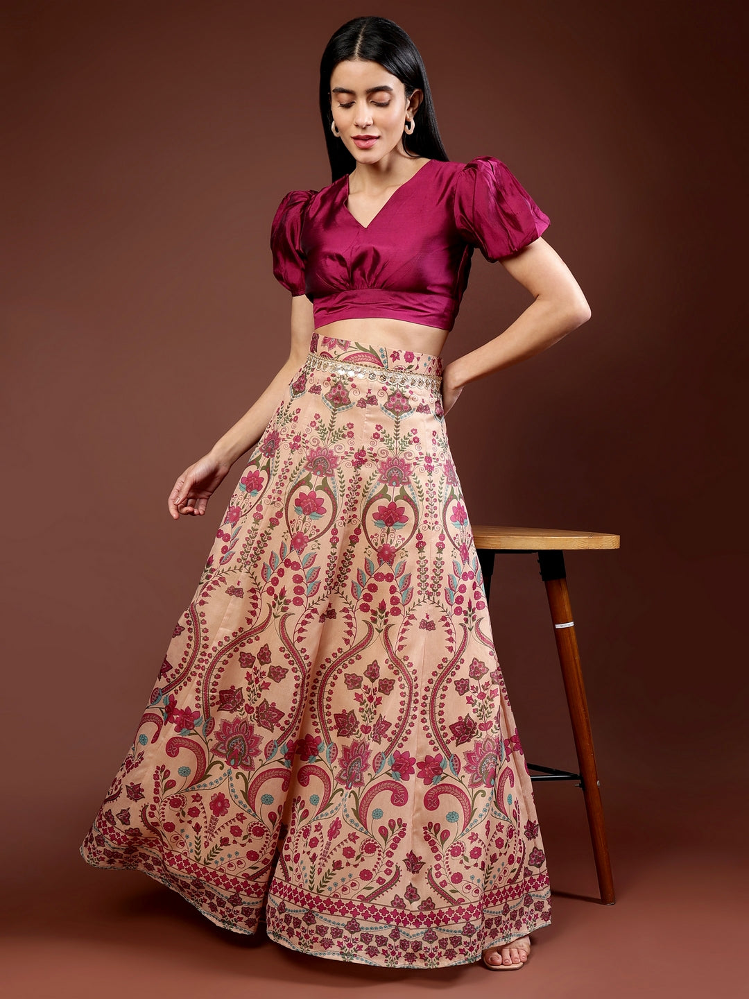 Frolic Rolic Beige Embellished Floral Print Silk Blend Ethnic Maxi Skirt