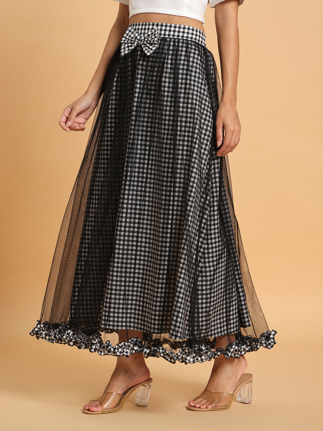 Frolic Rolic Black Cotton Gingham Checked Net layered Maxi Skirt