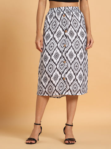 Frolic Rolic Black & White Geometric Print A-Line Cotton Blend Casual Skirt