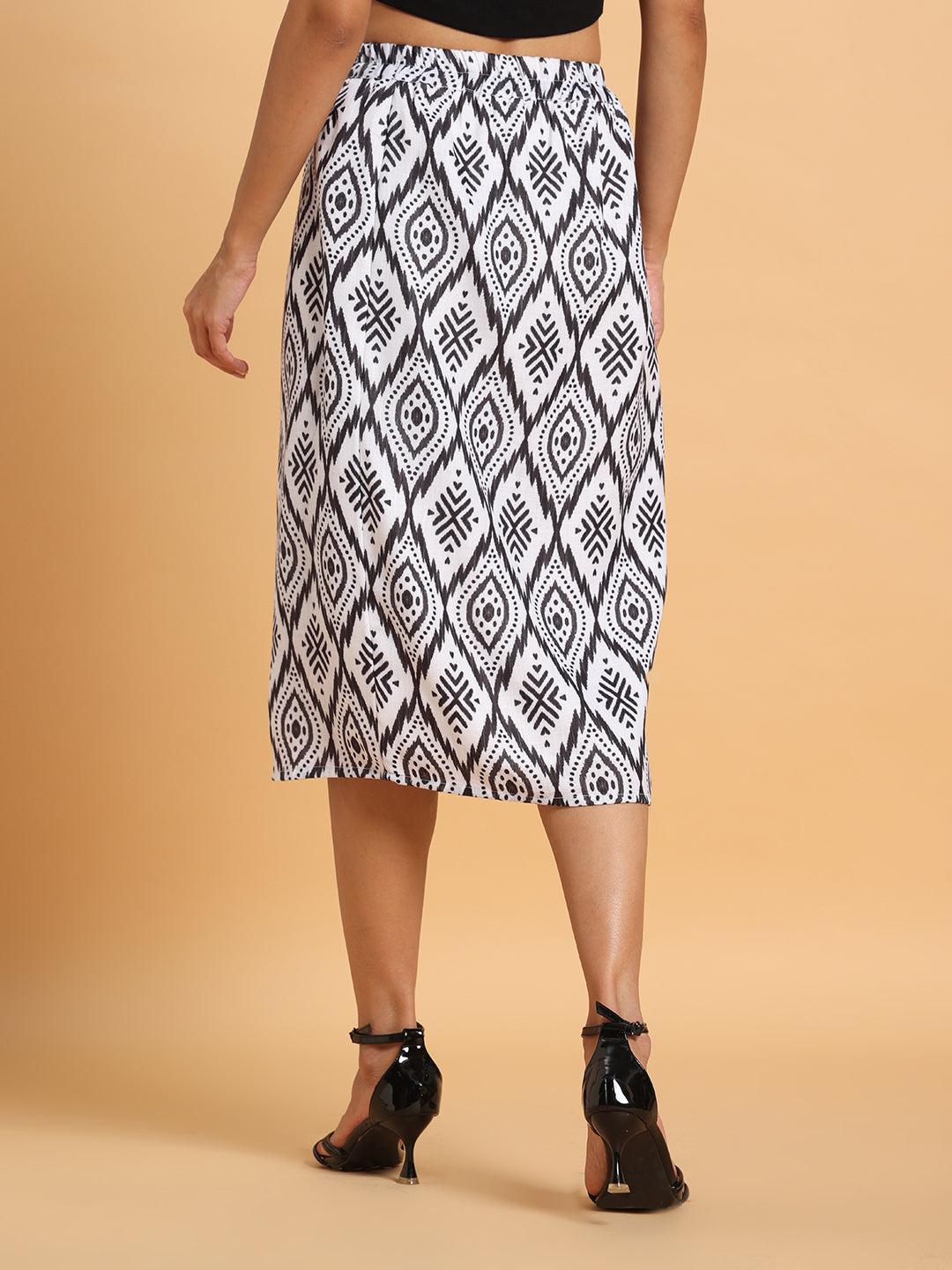 Frolic Rolic Black & White Geometric Print A-Line Cotton Blend Casual Skirt