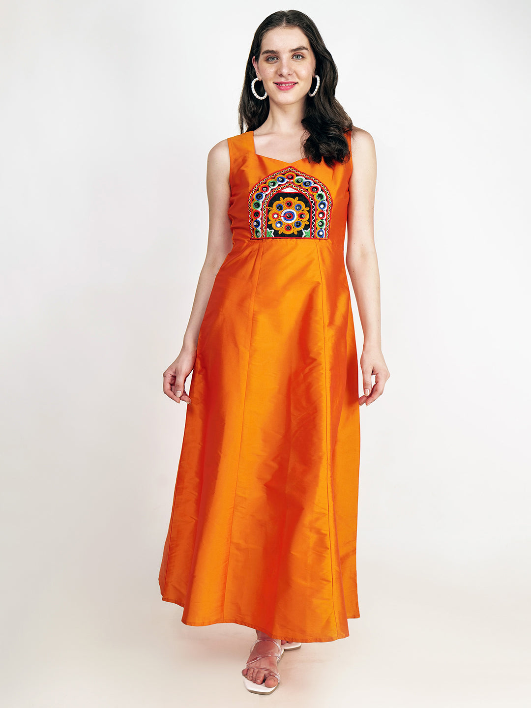 Frolic Rolic Orange Embroidered Patch work Silk Blend Sleeveless Maxi Dress
