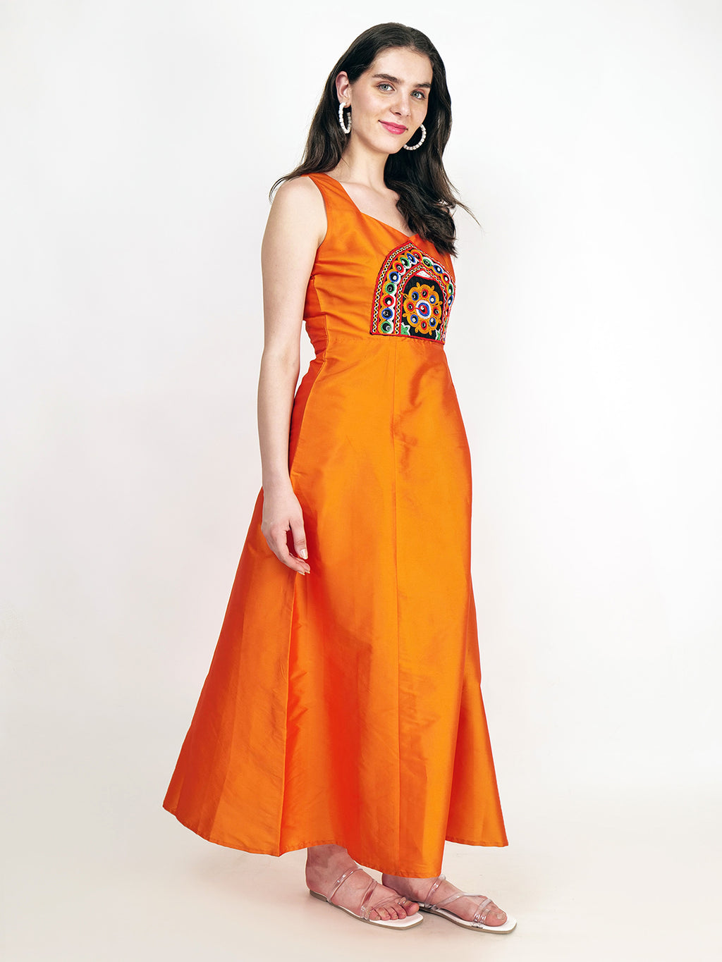 Frolic Rolic Orange Embroidered Patch work Silk Blend Sleeveless Maxi Dress