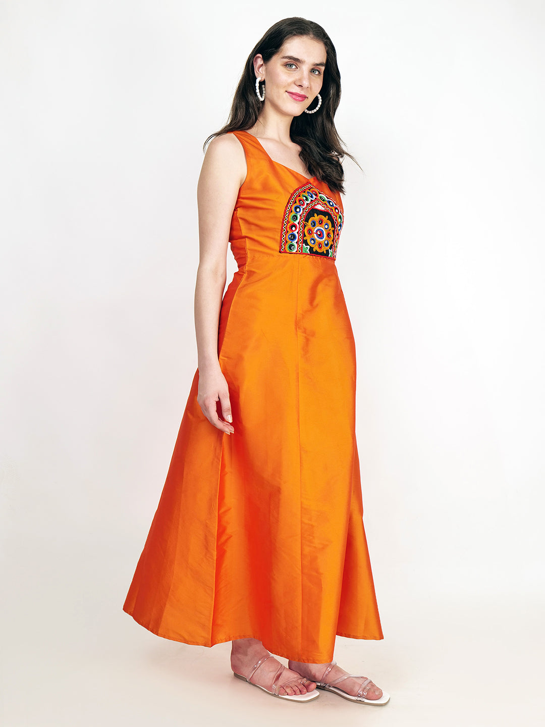 Frolic Rolic Orange Embroidered Patch work Silk Blend Sleeveless Maxi Dress