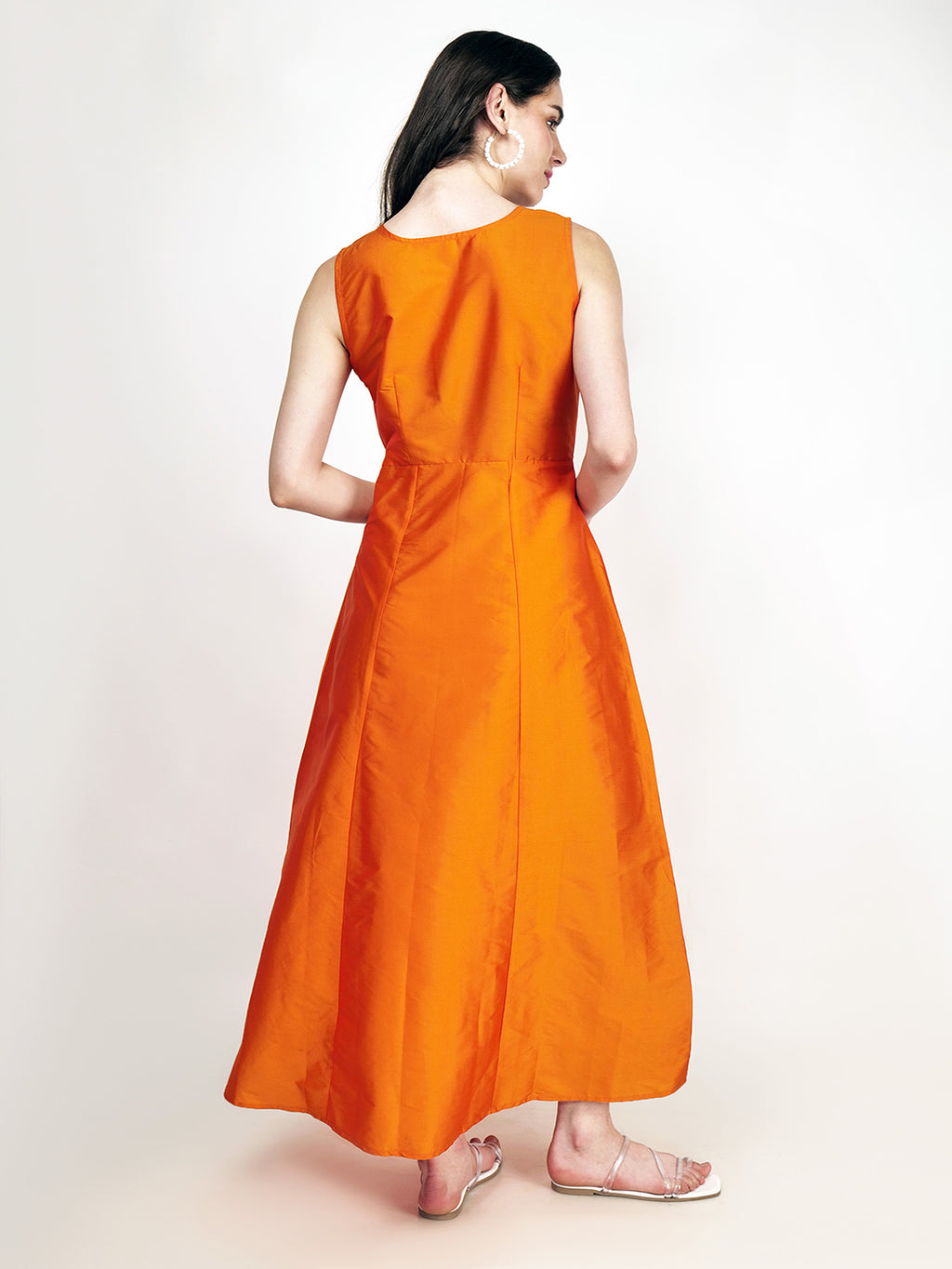 Frolic Rolic Orange Embroidered Patch work Silk Blend Sleeveless Maxi Dress