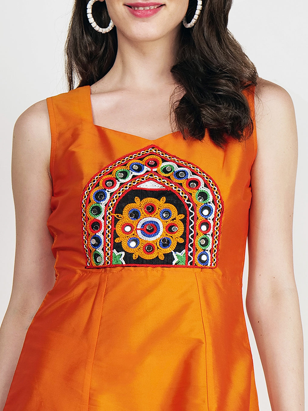 Frolic Rolic Orange Embroidered Patch work Silk Blend Sleeveless Maxi Dress