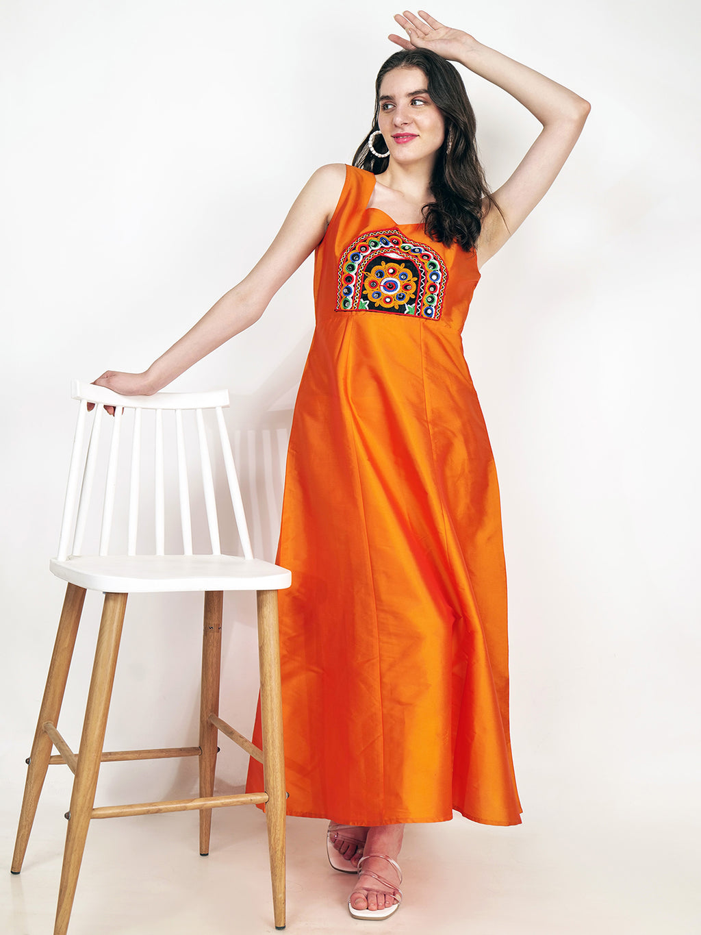 Frolic Rolic Orange Embroidered Patch work Silk Blend Sleeveless Maxi Dress