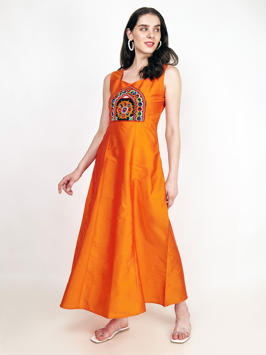 Frolic Rolic Orange Embroidered Patch work Silk Blend Sleeveless Maxi Dress