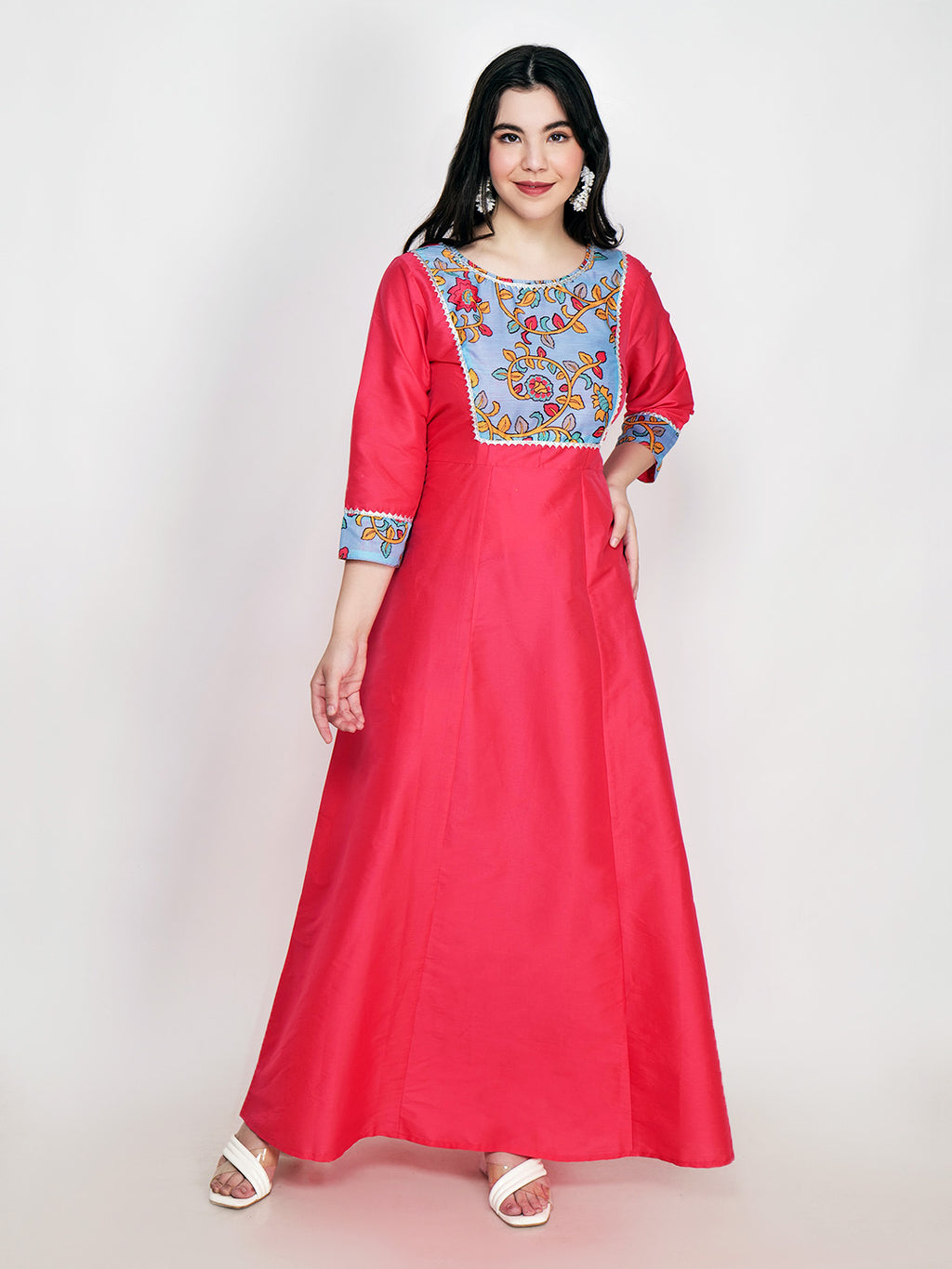 Frolic Rolic Pink Printed Patch work Silk Blend Maxi Ethnic Dress