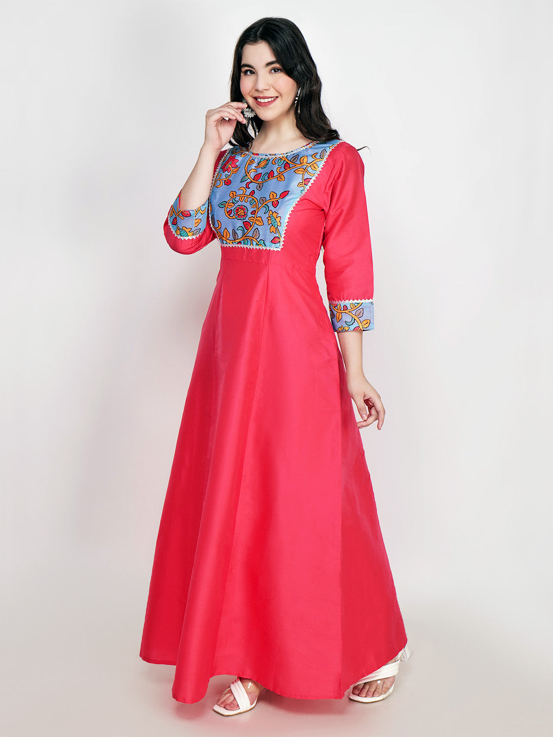 Frolic Rolic Pink Printed Patch work Silk Blend Maxi Ethnic Dress