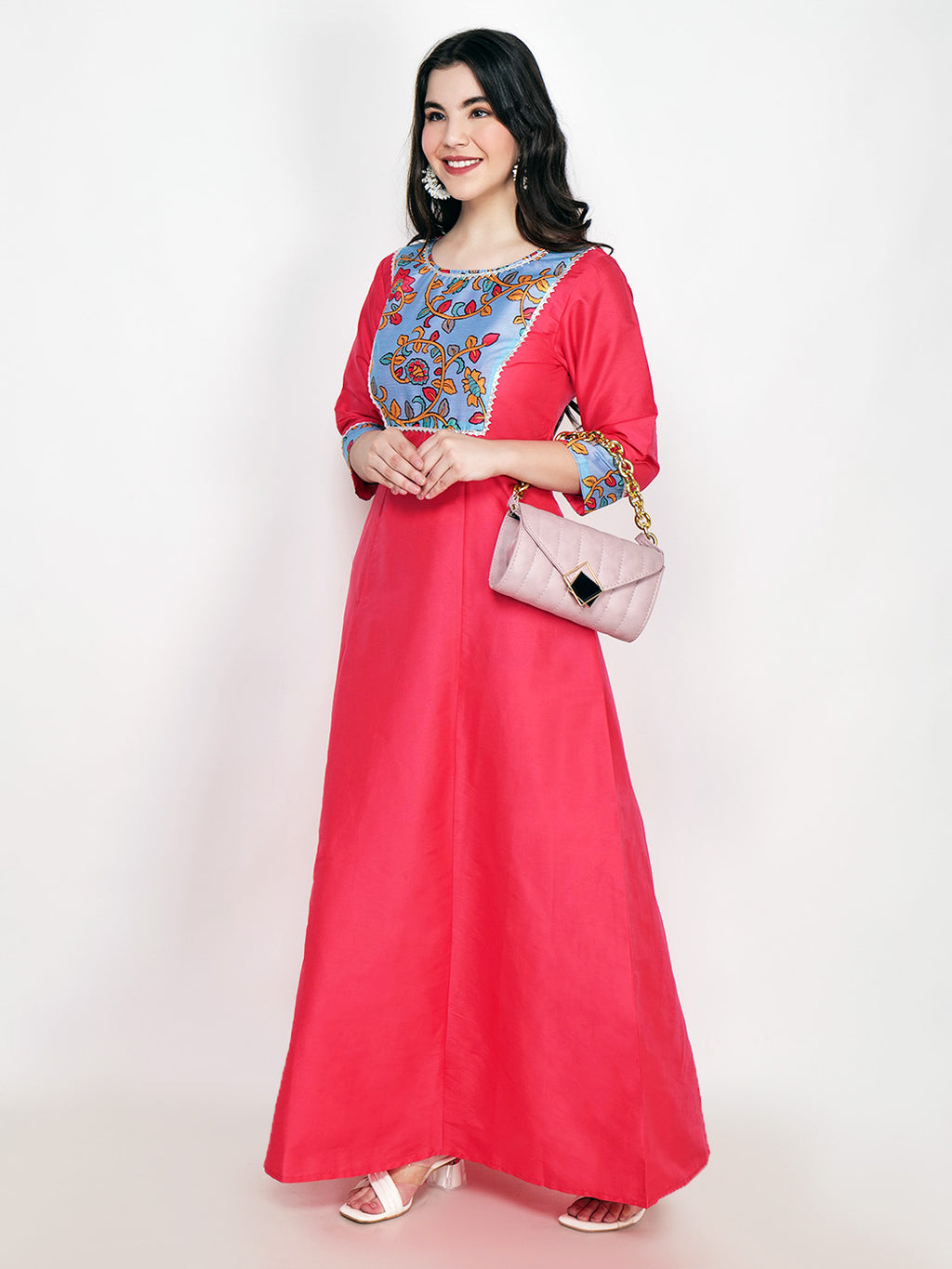Frolic Rolic Pink Printed Patch work Silk Blend Maxi Ethnic Dress