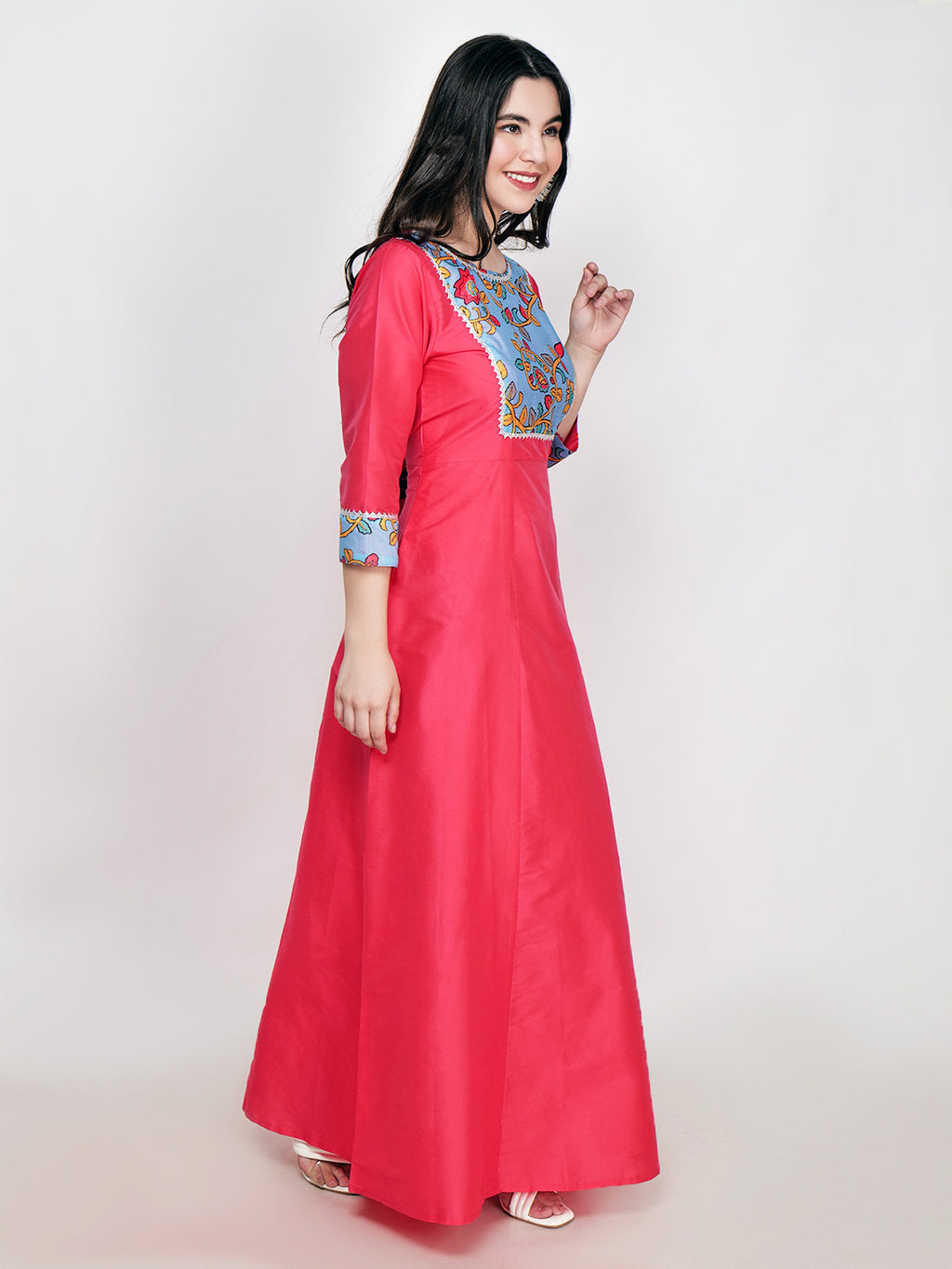 Frolic Rolic Pink Printed Patch work Silk Blend Maxi Ethnic Dress