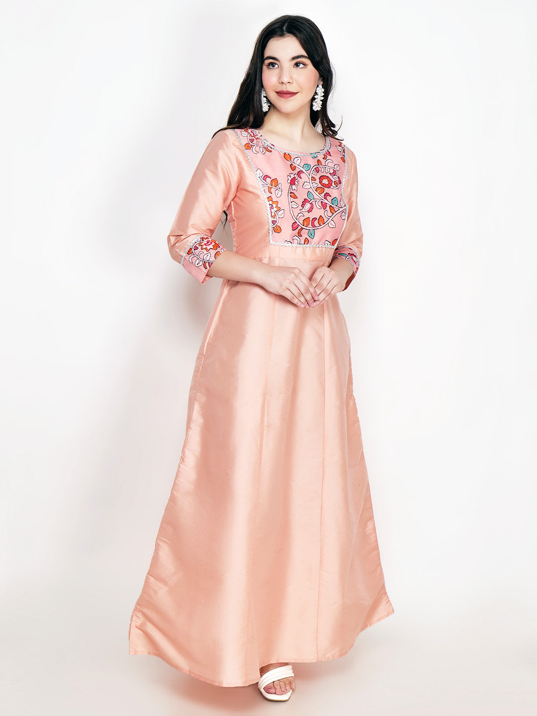 Frolic Rolic Peach Printed Patch work Silk Blend Maxi Ethnic Dress