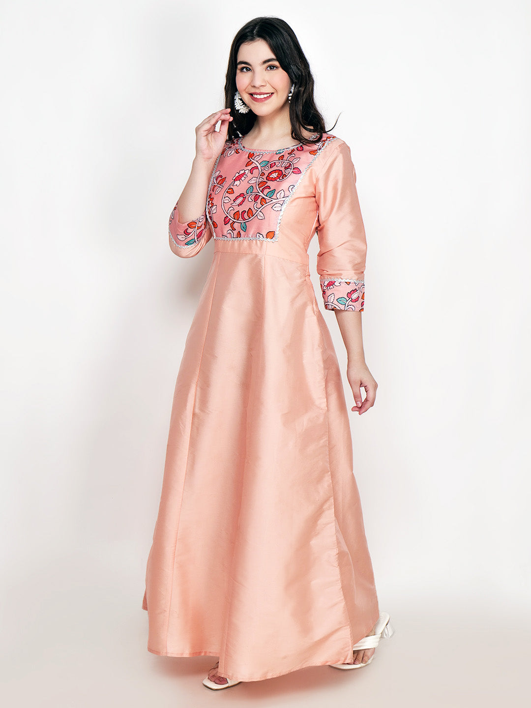 Frolic Rolic Peach Printed Patch work Silk Blend Maxi Ethnic Dress