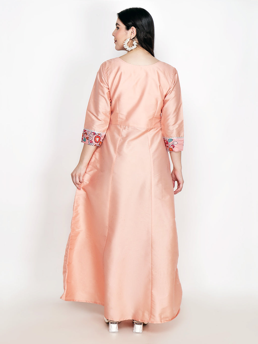 Frolic Rolic Peach Printed Patch work Silk Blend Maxi Ethnic Dress