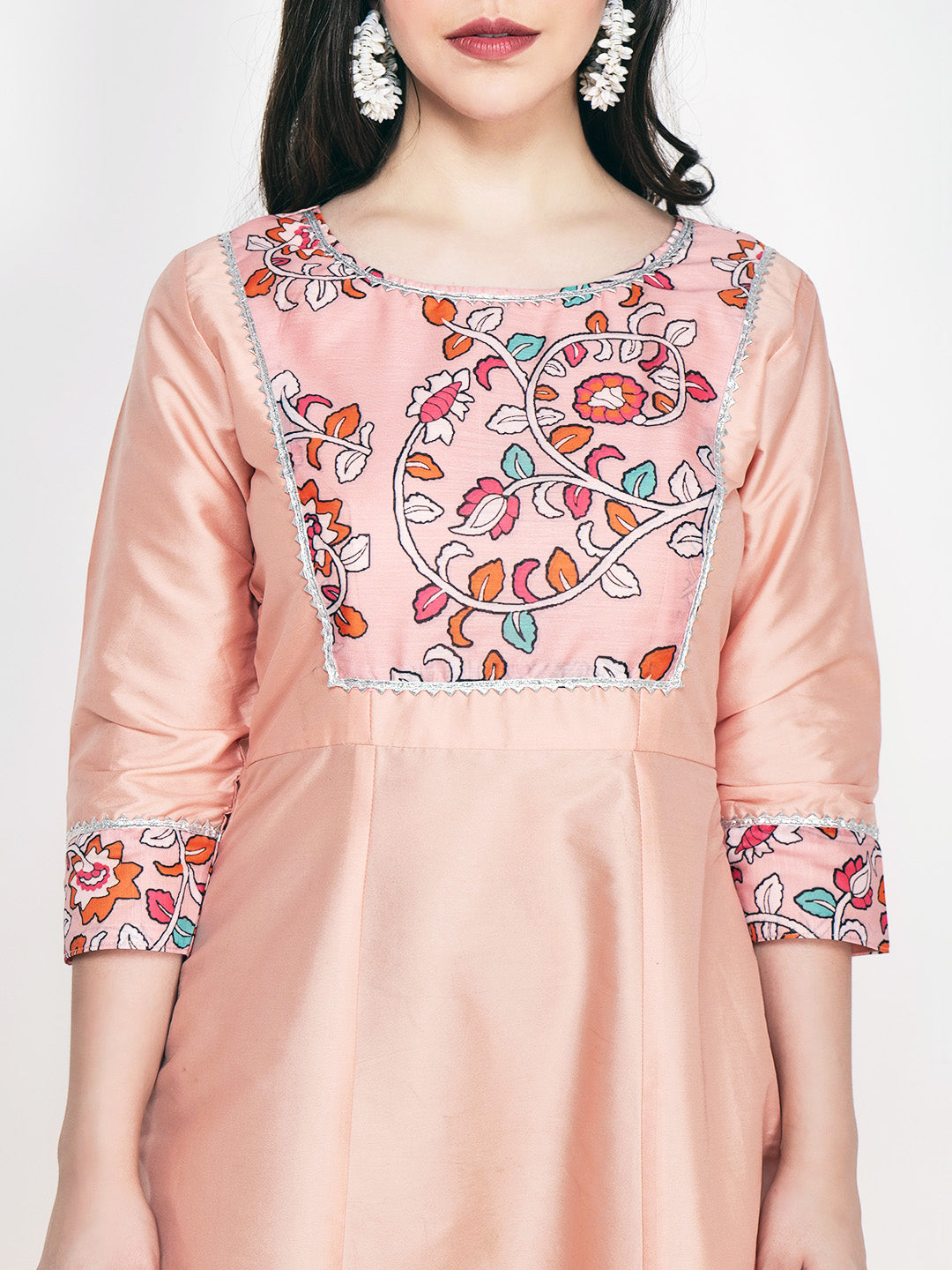 Frolic Rolic Peach Printed Patch work Silk Blend Maxi Ethnic Dress