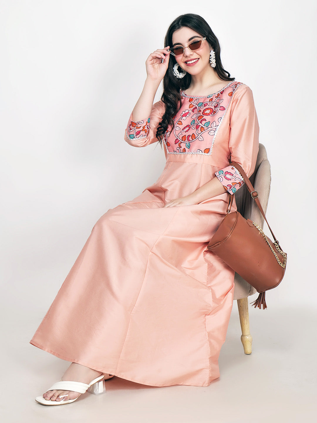 Frolic Rolic Peach Printed Patch work Silk Blend Maxi Ethnic Dress