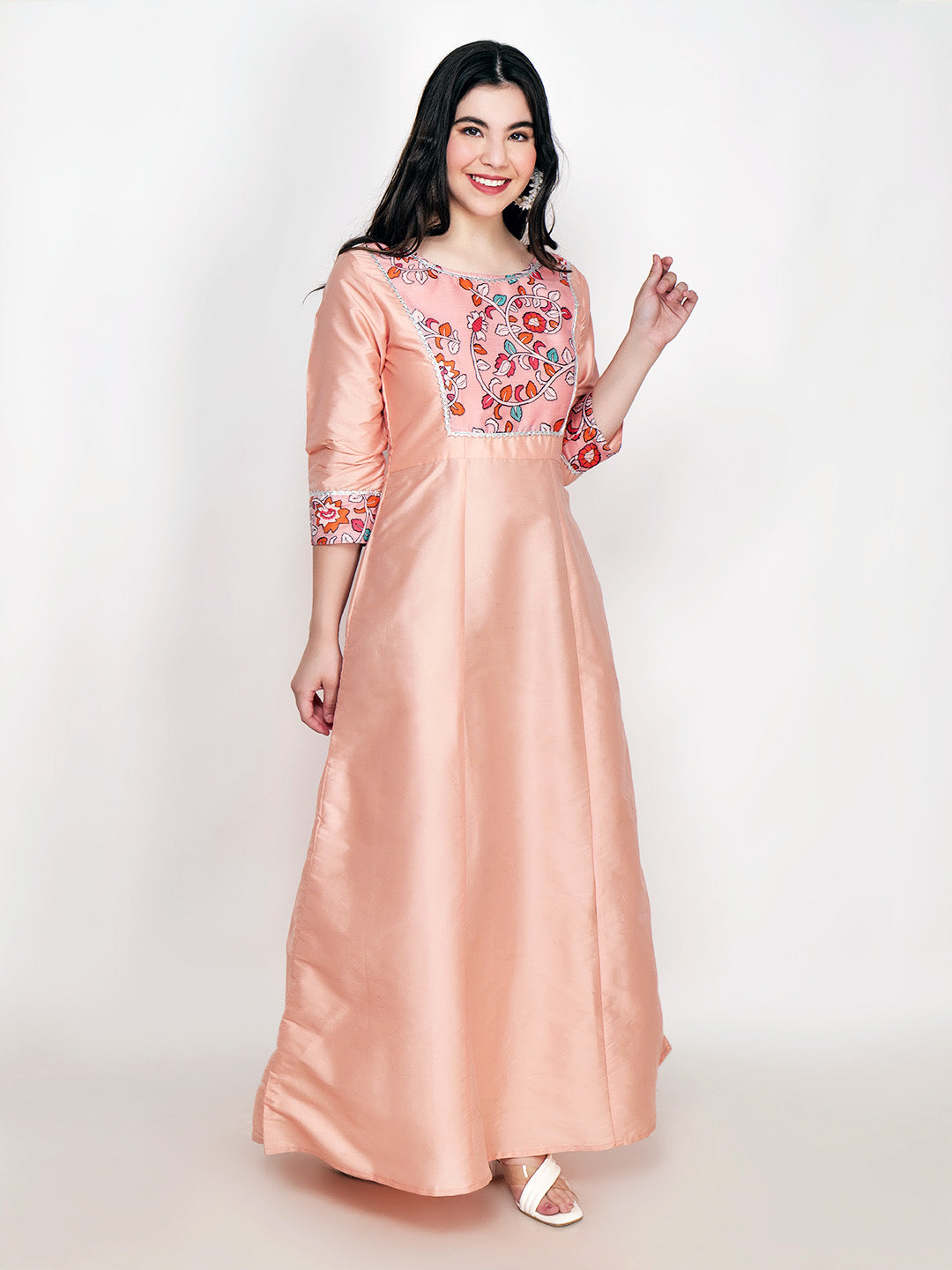 Frolic Rolic Peach Printed Patch work Silk Blend Maxi Ethnic Dress