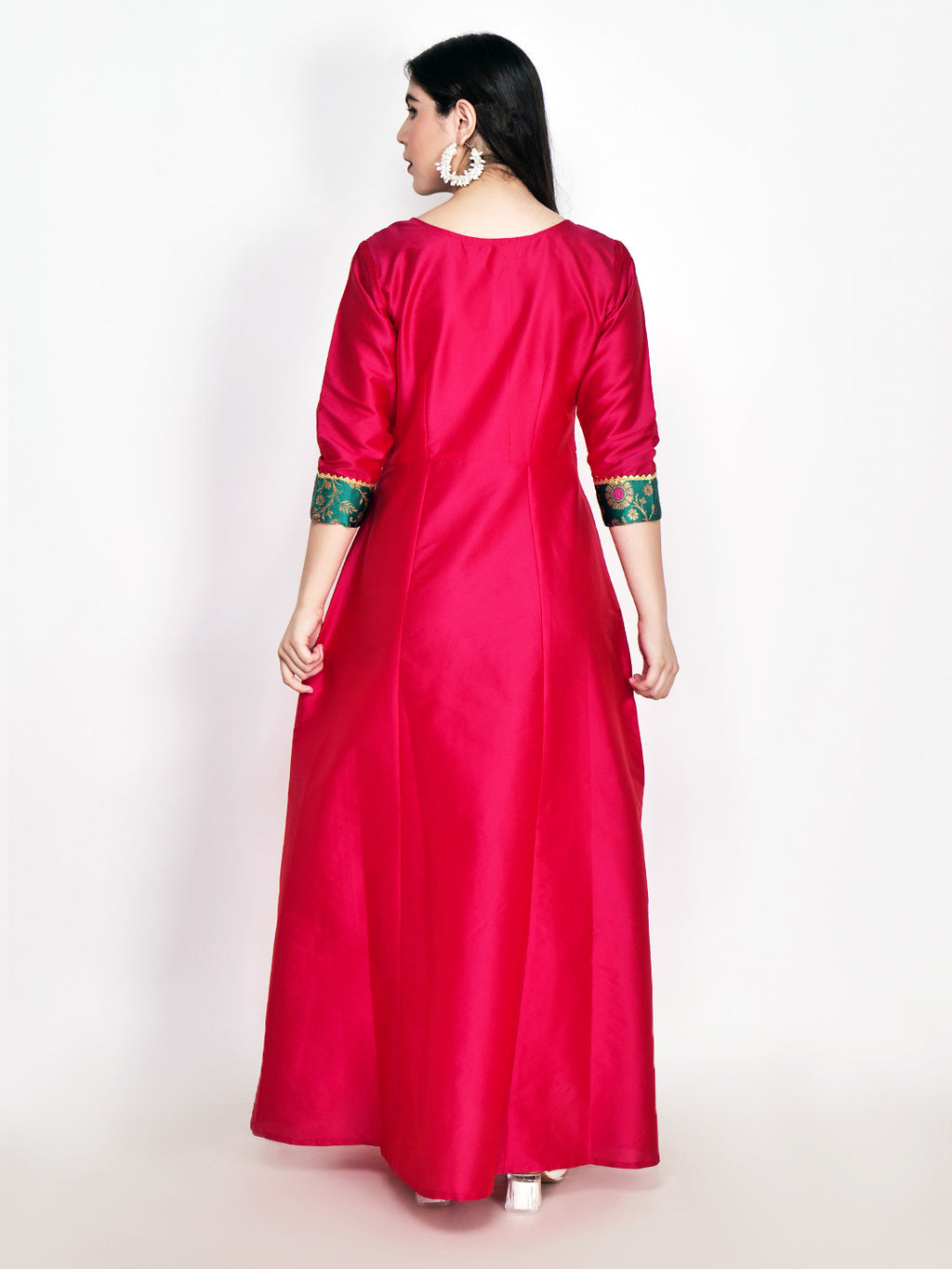 Frolic Rolic Magenta Pink Jacquard Patch work Silk Blend Maxi Ethnic Dress