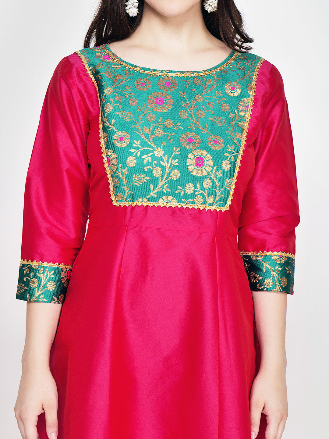 Frolic Rolic Magenta Pink Jacquard Patch work Silk Blend Maxi Ethnic Dress