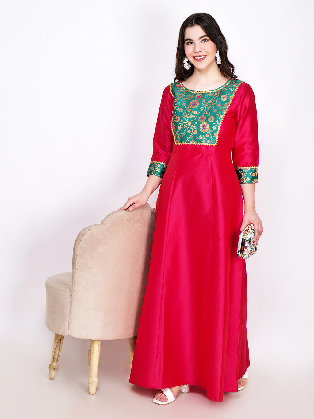 Frolic Rolic Magenta Pink Jacquard Patch work Silk Blend Maxi Ethnic Dress