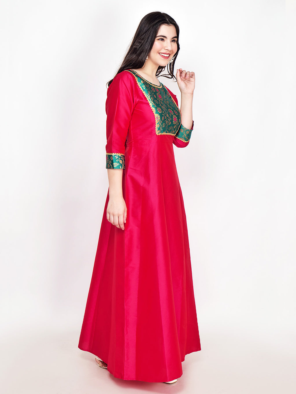 Frolic Rolic Magenta Pink Jacquard Patch work Silk Blend Maxi Ethnic Dress