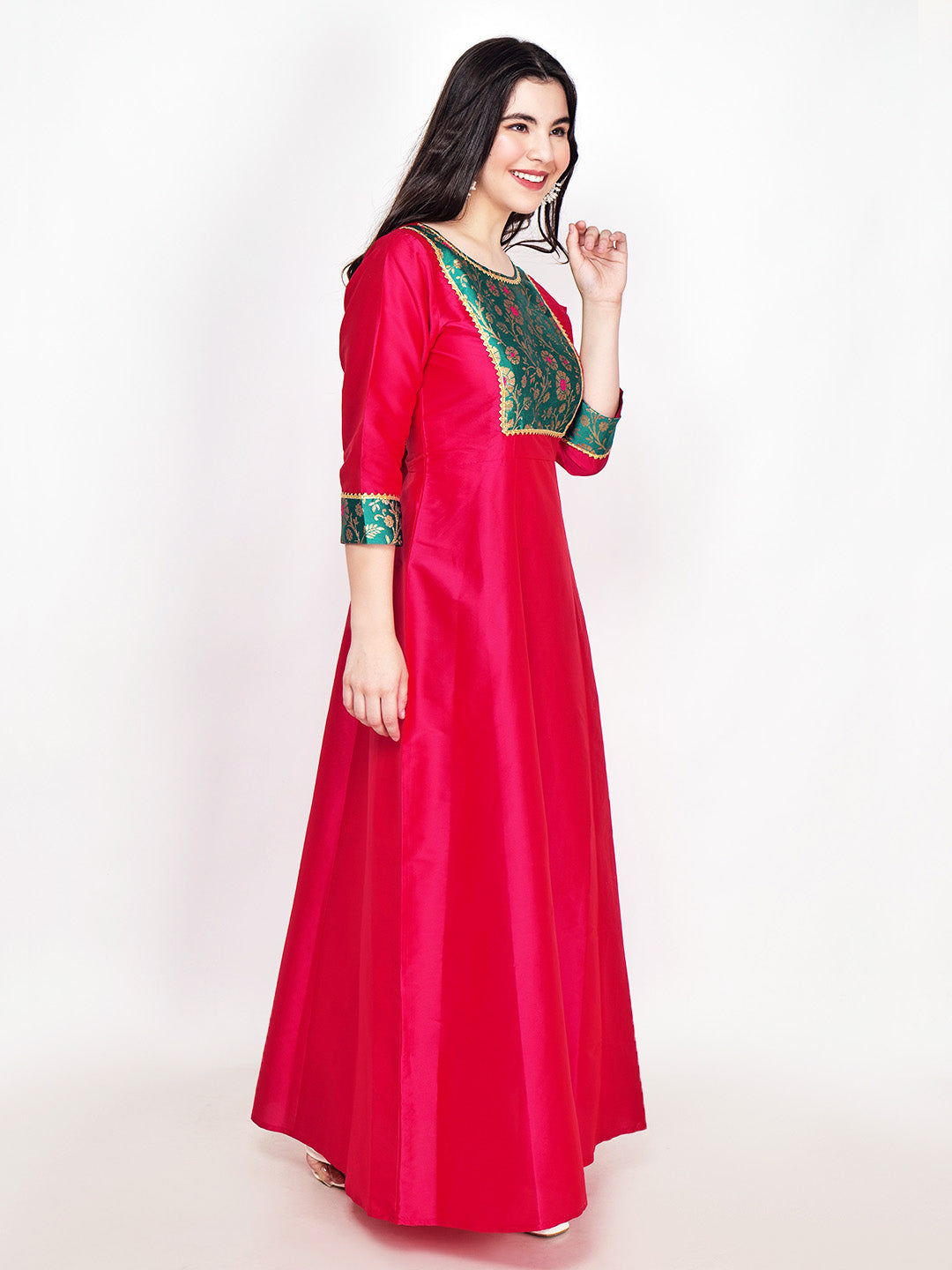 Frolic Rolic Magenta Pink Jacquard Patch work Silk Blend Maxi Ethnic Dress