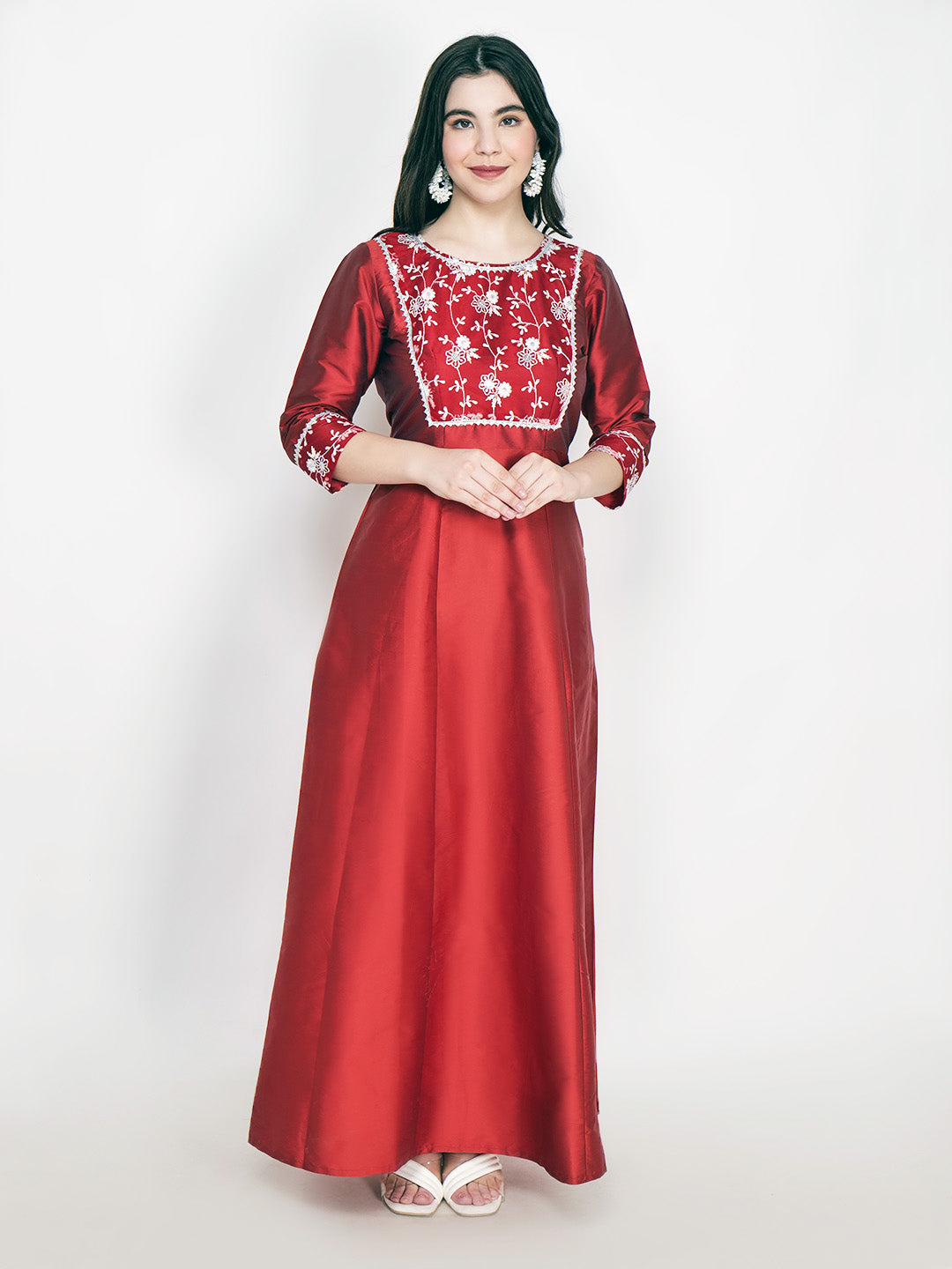 Frolic Rolic Maroon Embellished Net Patch work Silk Blend Maxi Ethnic Dress