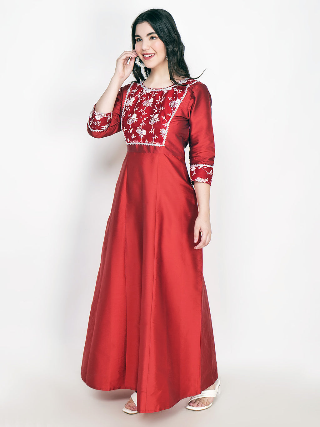 Frolic Rolic Maroon Embellished Net Patch work Silk Blend Maxi Ethnic Dress