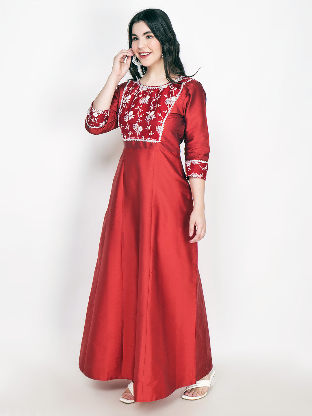 Frolic Rolic Maroon Embellished Net Patch work Silk Blend Maxi Ethnic Dress