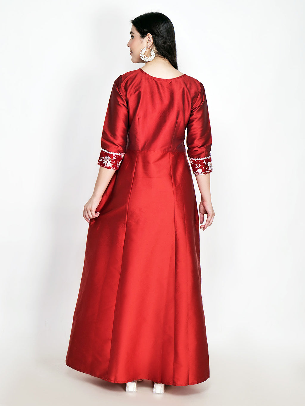 Frolic Rolic Maroon Embellished Net Patch work Silk Blend Maxi Ethnic Dress