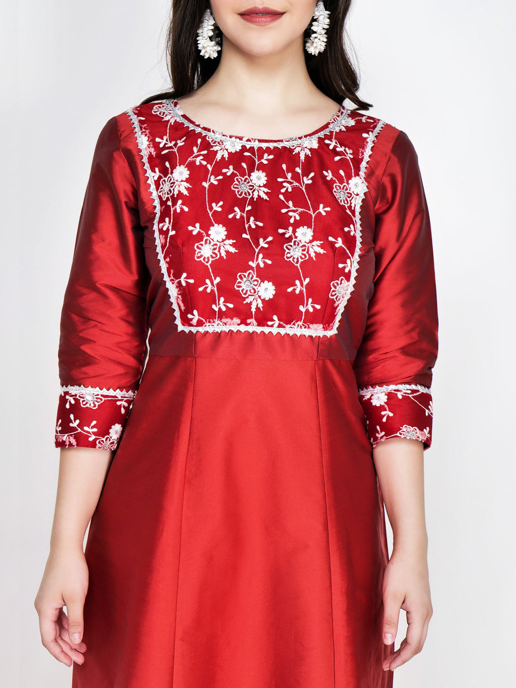 Frolic Rolic Maroon Embellished Net Patch work Silk Blend Maxi Ethnic Dress