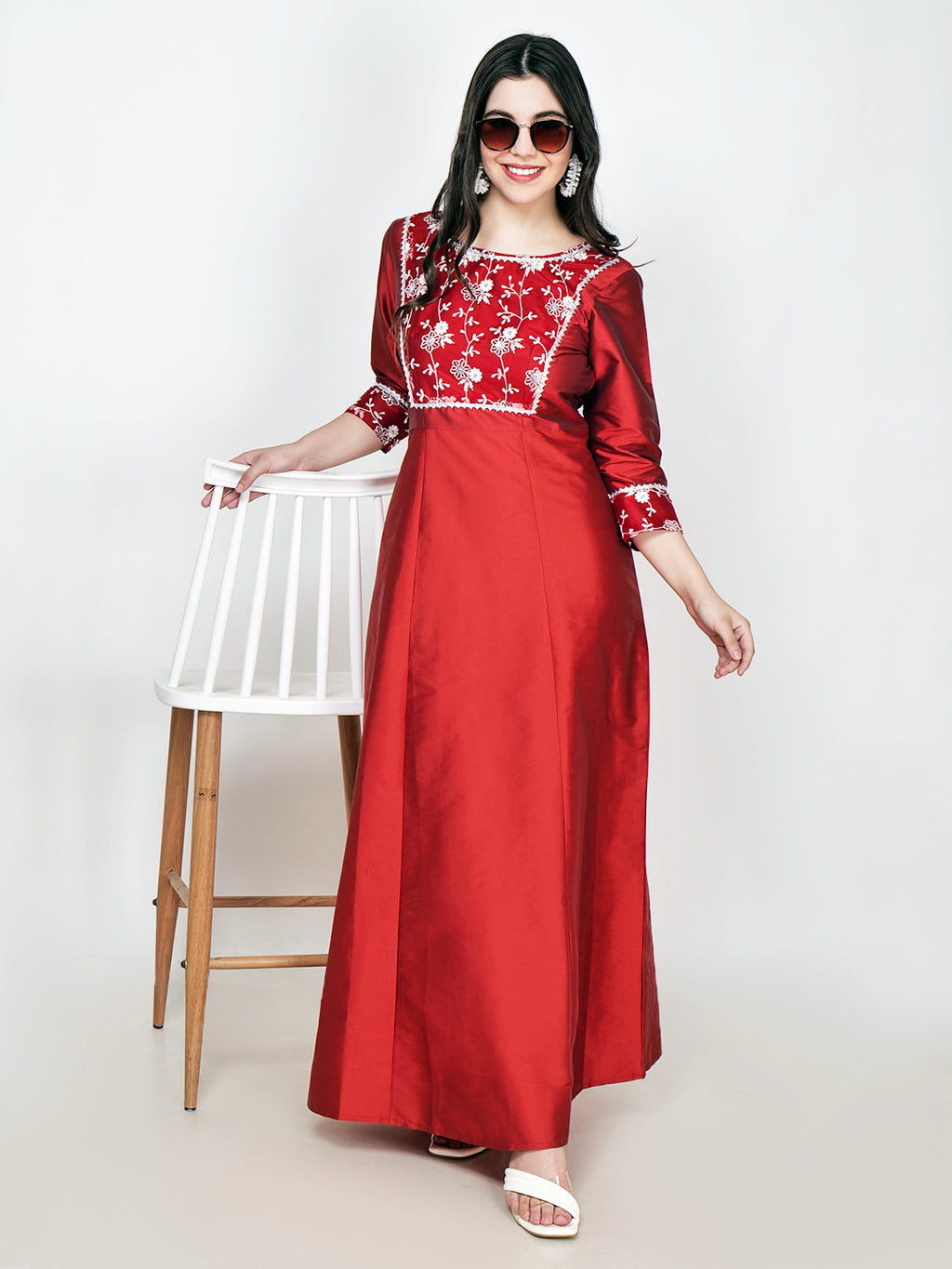 Frolic Rolic Maroon Embellished Net Patch work Silk Blend Maxi Ethnic Dress