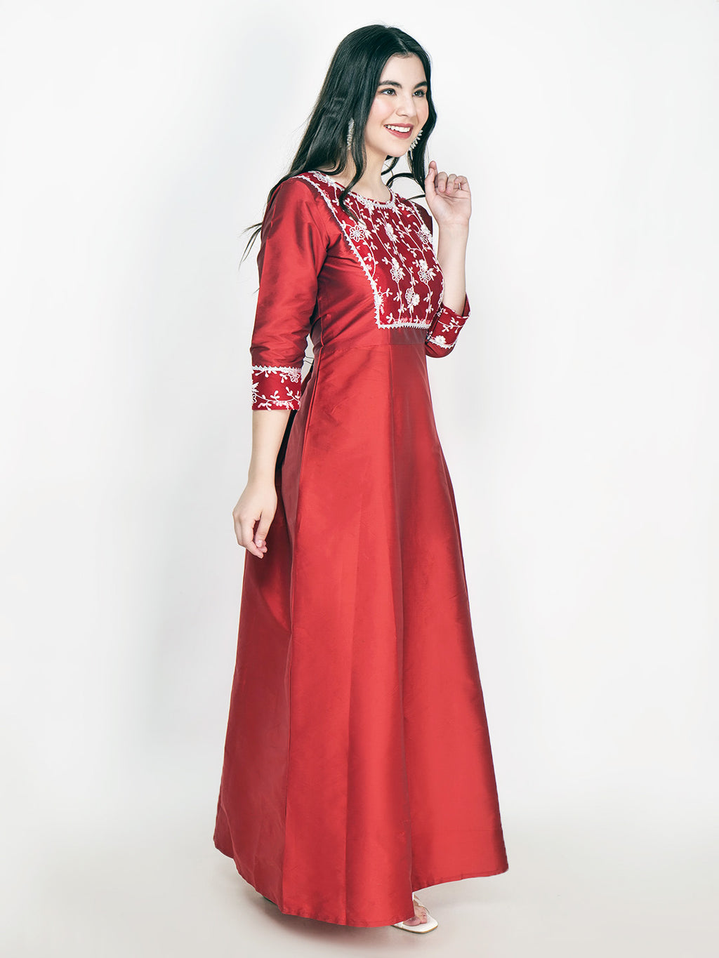 Frolic Rolic Maroon Embellished Net Patch work Silk Blend Maxi Ethnic Dress