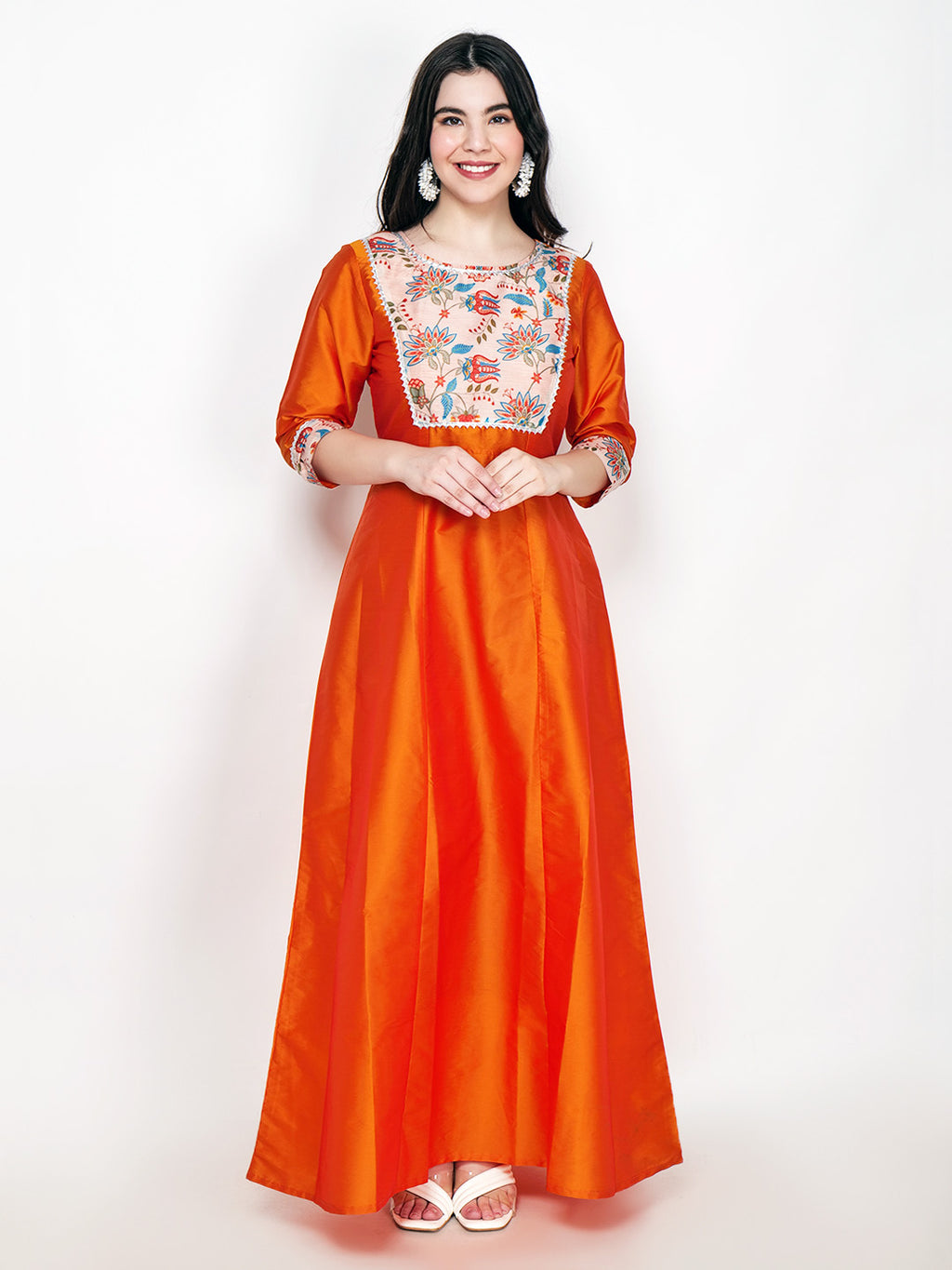 Frolic Rolic Orange Printed Patch work Silk Blend Maxi Ethnic Dress