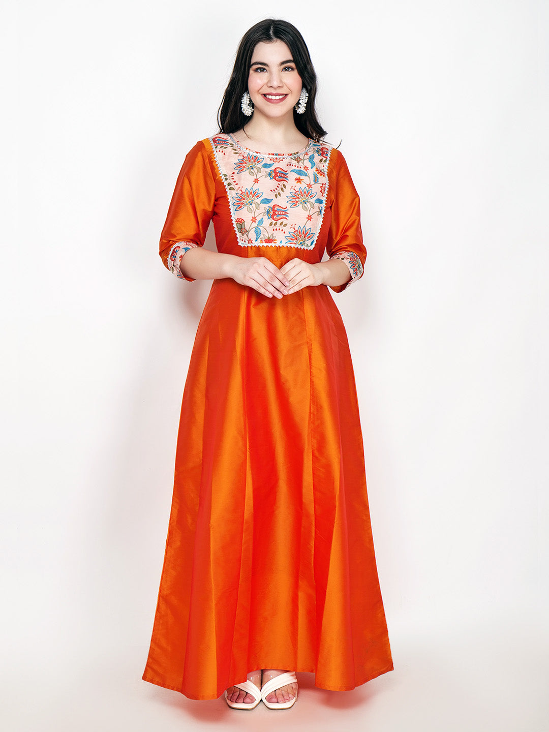 Frolic Rolic Orange Printed Patch work Silk Blend Maxi Ethnic Dress