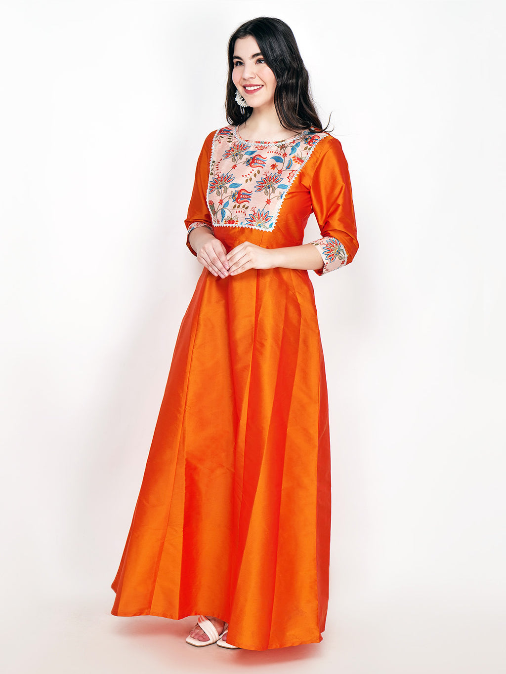 Frolic Rolic Orange Printed Patch work Silk Blend Maxi Ethnic Dress