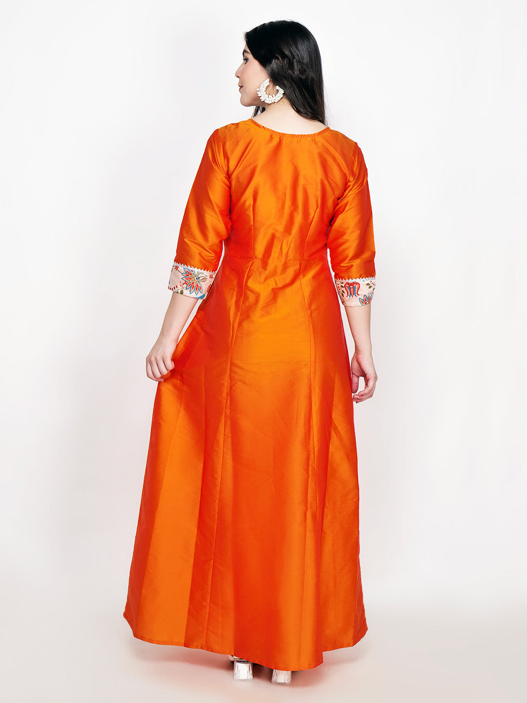 Frolic Rolic Orange Printed Patch work Silk Blend Maxi Ethnic Dress