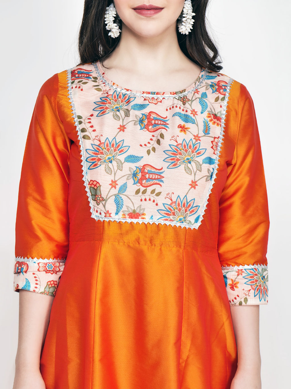 Frolic Rolic Orange Printed Patch work Silk Blend Maxi Ethnic Dress