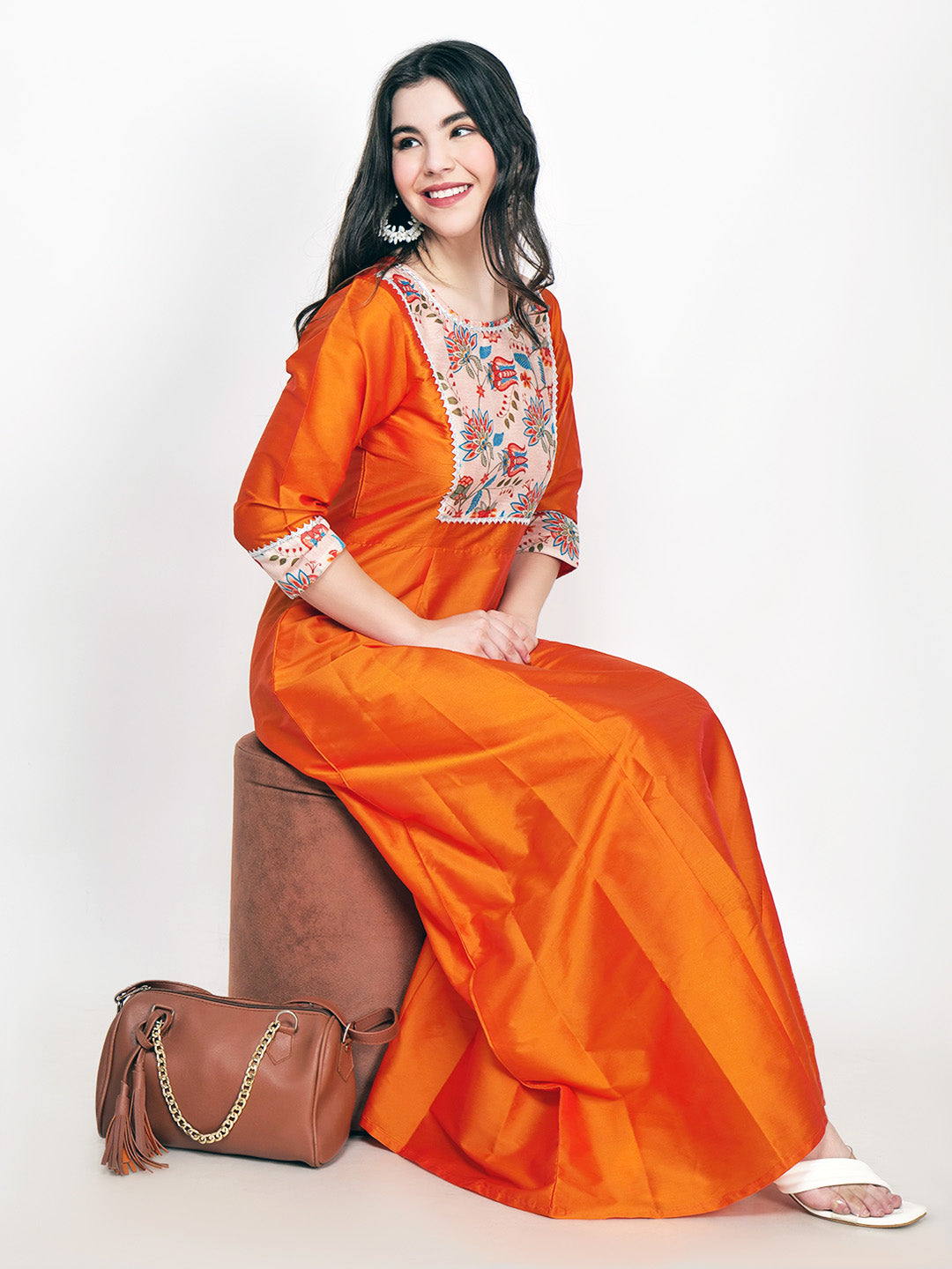 Frolic Rolic Orange Printed Patch work Silk Blend Maxi Ethnic Dress