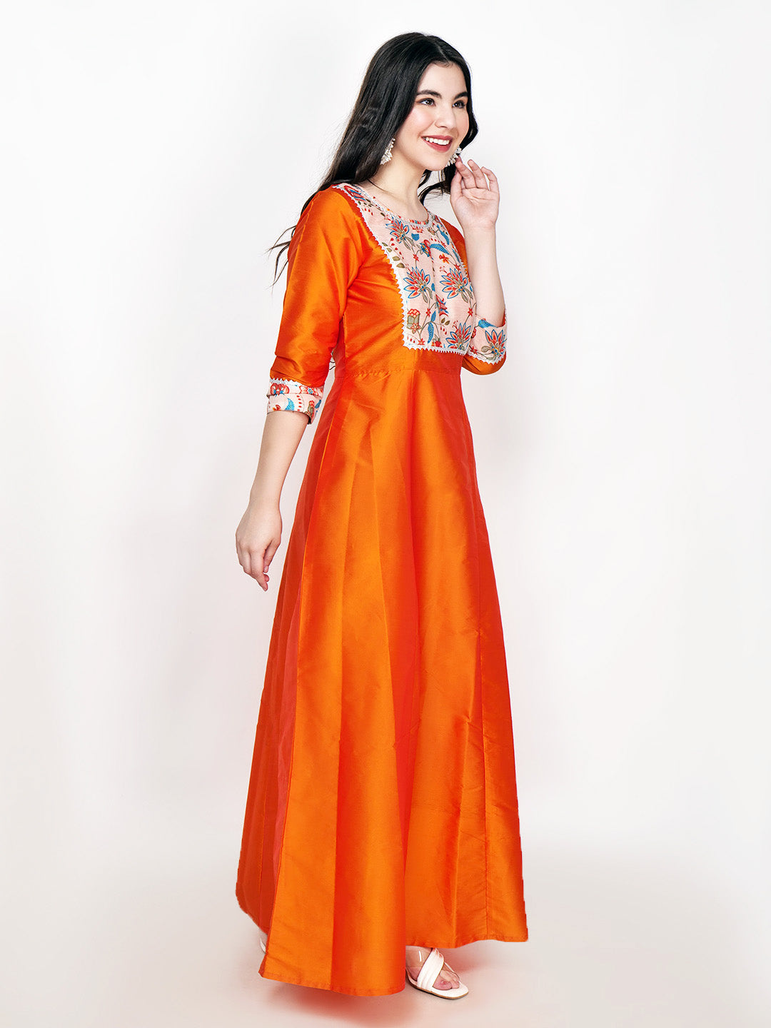 Frolic Rolic Orange Printed Patch work Silk Blend Maxi Ethnic Dress