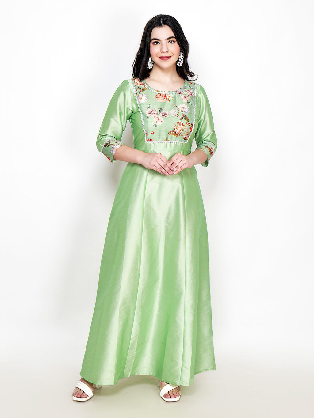 Frolic Rolic Pista Green Printed Patch work Silk Blend Maxi Ethnic Dress