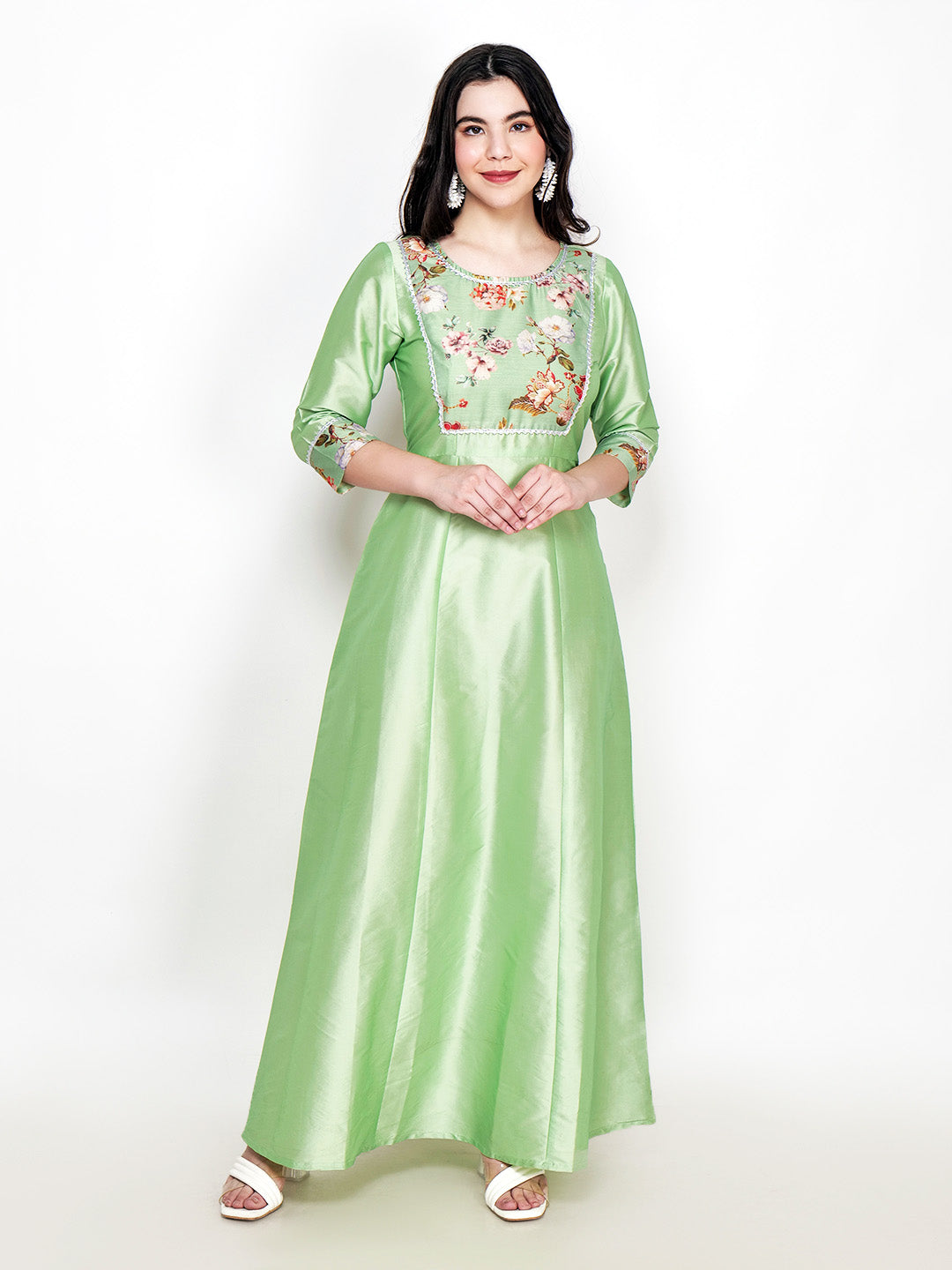 Frolic Rolic Pista Green Printed Patch work Silk Blend Maxi Ethnic Dress