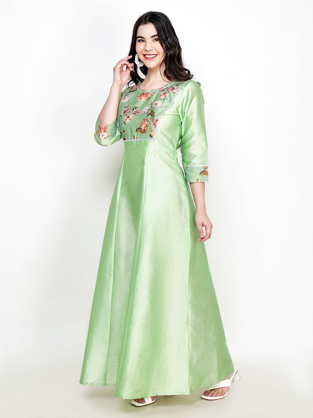 Frolic Rolic Pista Green Printed Patch work Silk Blend Maxi Ethnic Dress