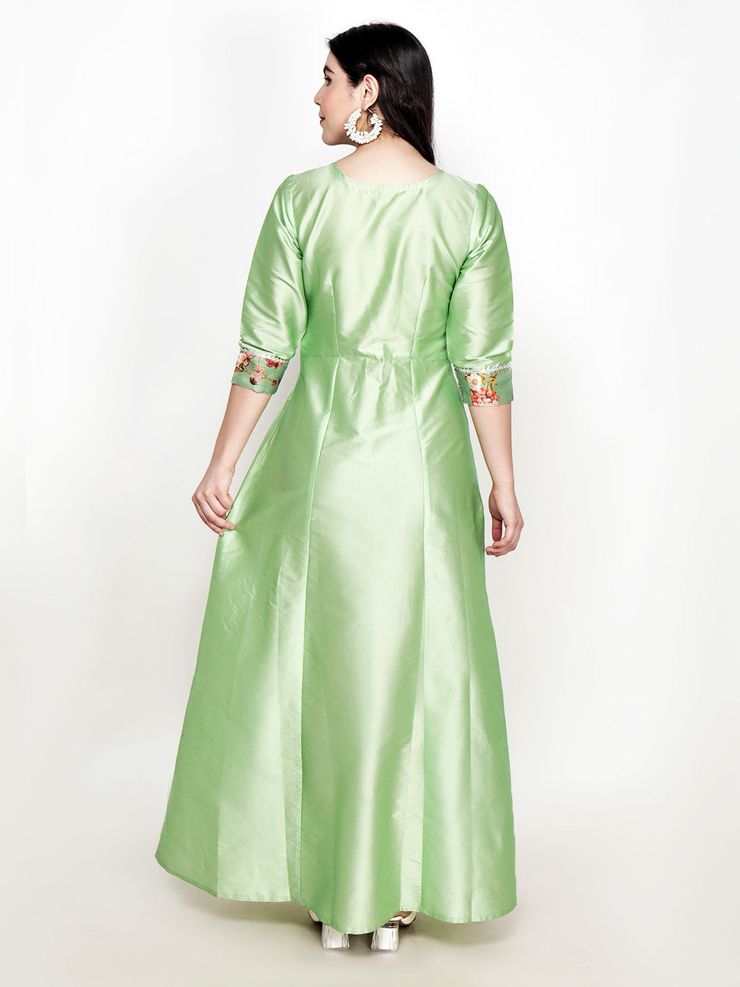 Frolic Rolic Pista Green Printed Patch work Silk Blend Maxi Ethnic Dress