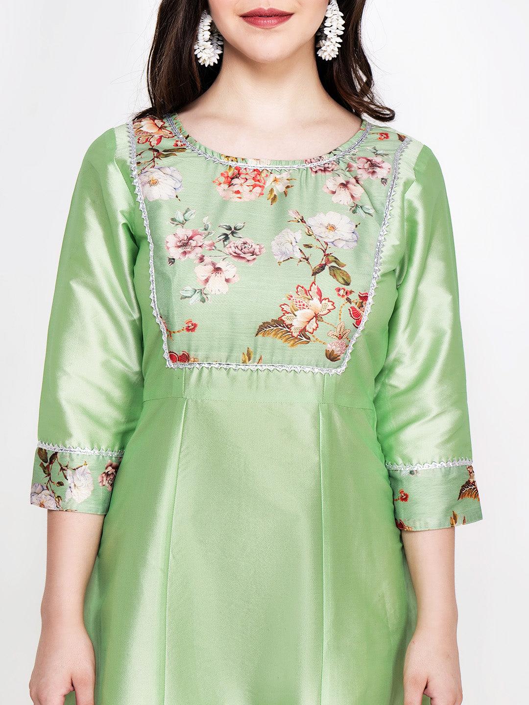 Frolic Rolic Pista Green Printed Patch work Silk Blend Maxi Ethnic Dress