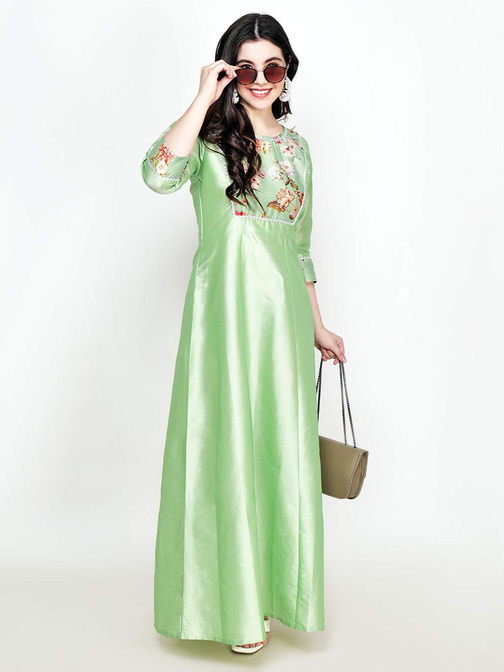Frolic Rolic Pista Green Printed Patch work Silk Blend Maxi Ethnic Dress