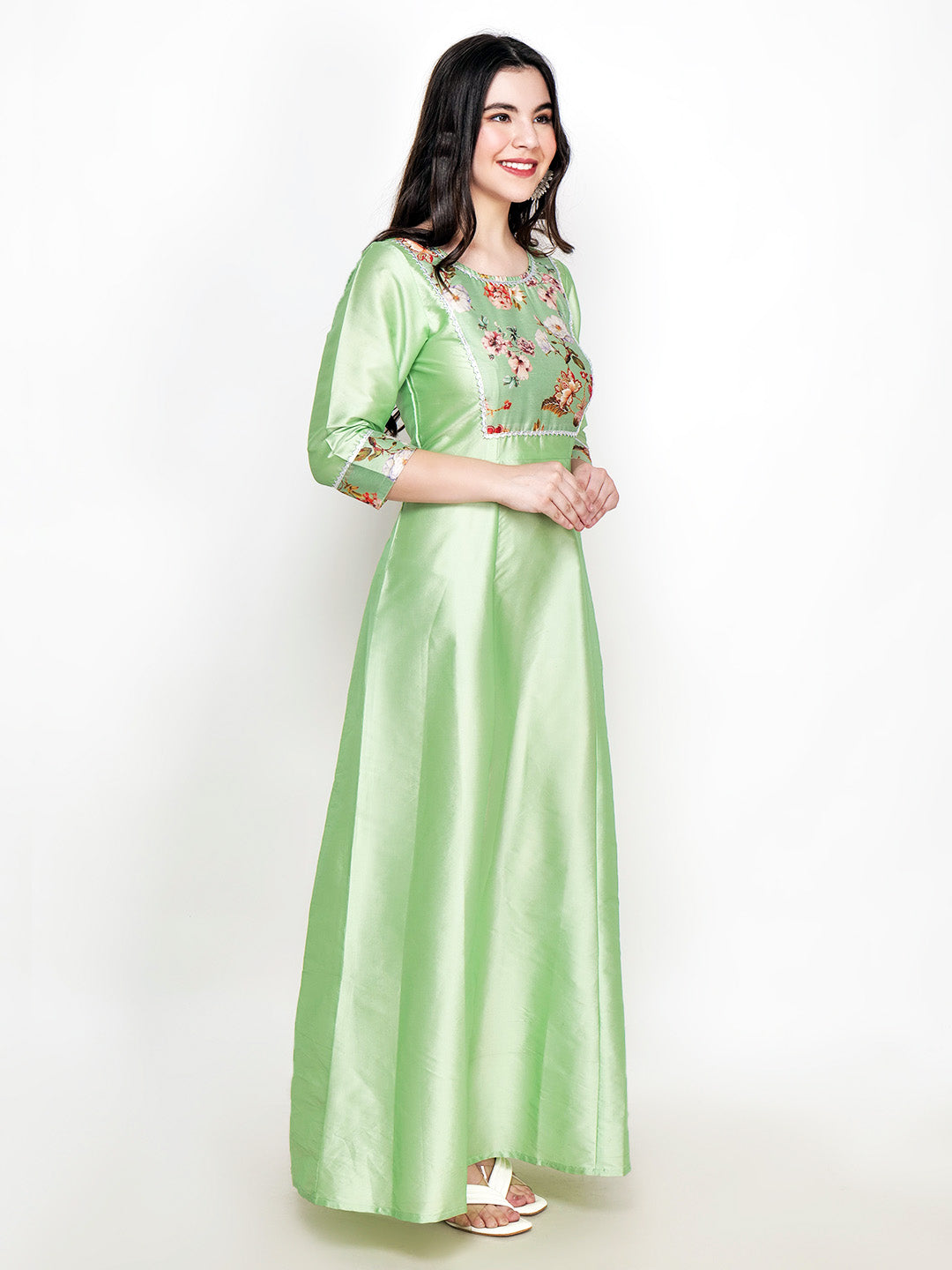 Frolic Rolic Pista Green Printed Patch work Silk Blend Maxi Ethnic Dress