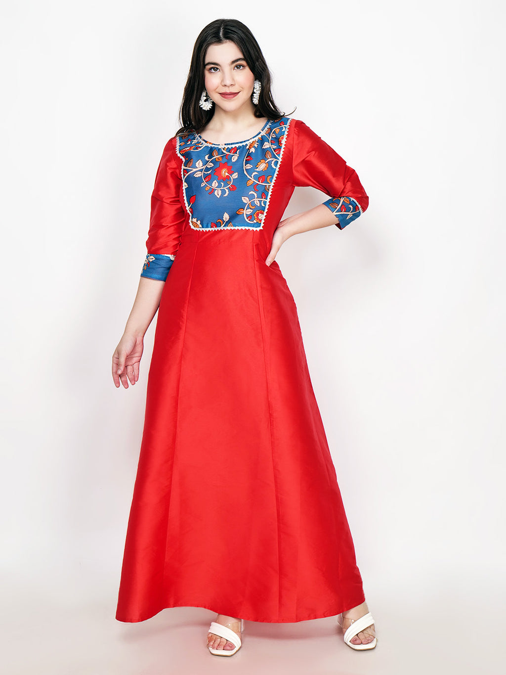 Frolic Rolic Red Printed Patch work Silk Blend Maxi Ethnic Dress