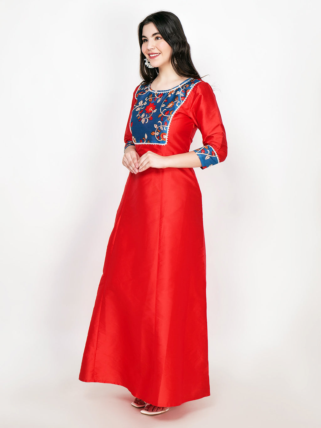 Frolic Rolic Red Printed Patch work Silk Blend Maxi Ethnic Dress